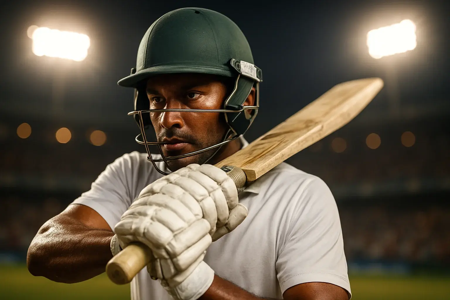 Bangladeshi male cricket batsman mid-swing under stadium floodlights in white kit