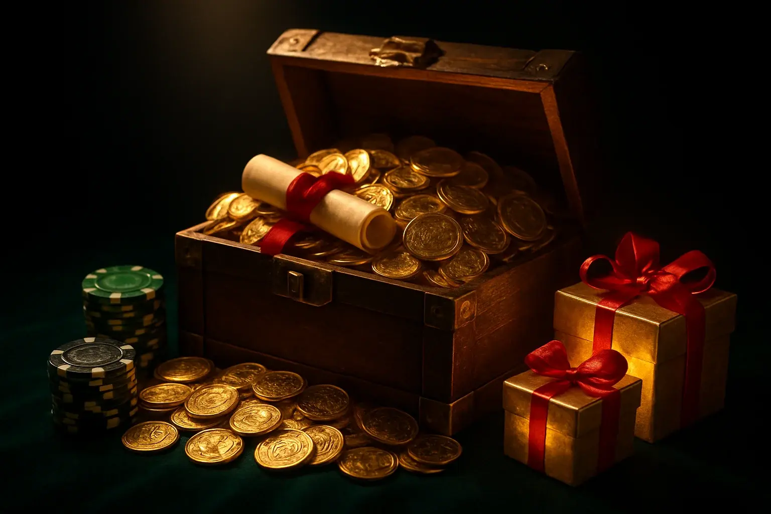 Overflowing treasure chest with coins, casino chips, vouchers, and gift boxes