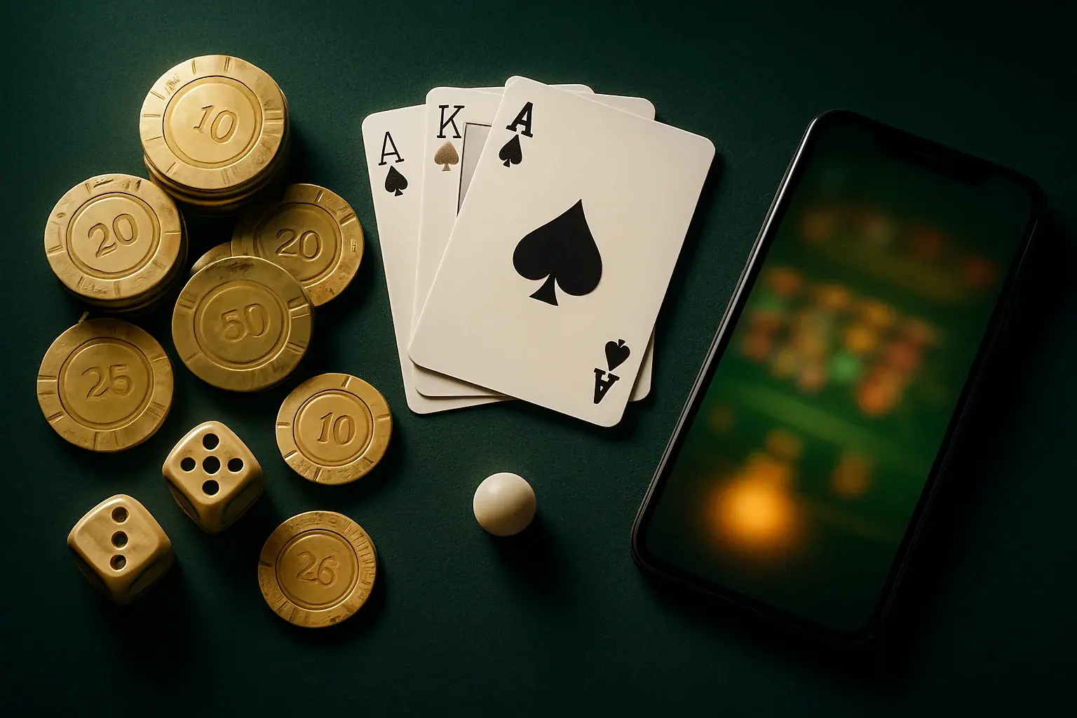 Top-down casino table with gold chips, cards, dice, roulette ball, smartphone