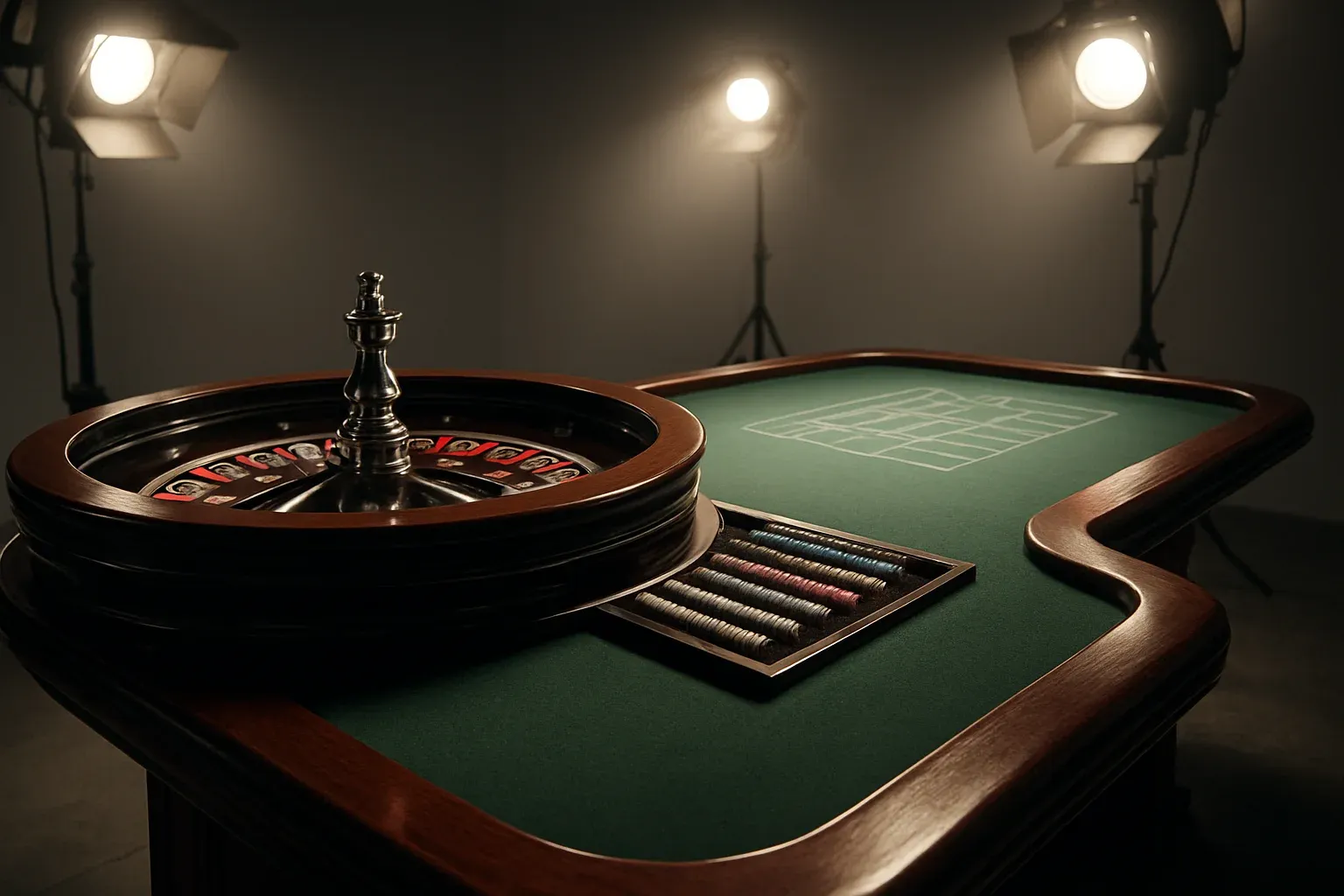 Hyperrealistic live casino studio with empty roulette table and dramatic lighting