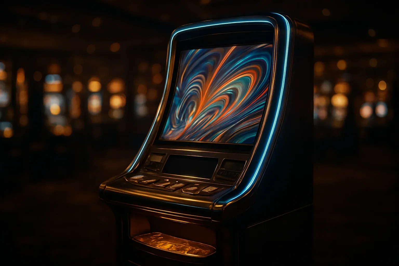 Premium slot machine glowing in dark luxury casino with neon lighting